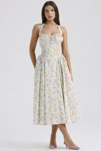 Adabella Hellblaues Baumwoll-Halter-Sommerkleid mit Wiesenblumen-Print