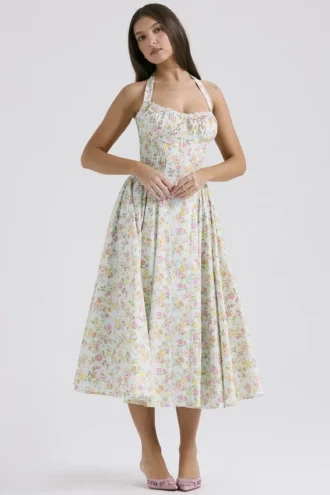 Adabella Hellblaues Baumwoll-Halter-Sommerkleid mit Wiesenblumen-Print