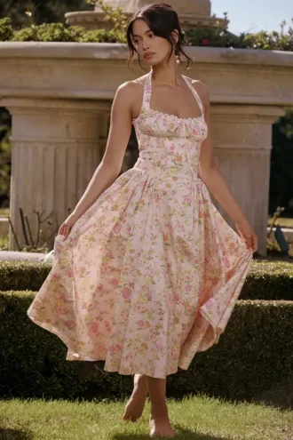 Adabella Midi-Sommerkleid aus Baumwolle mit Neckholder und rosa Wiesenblumen-Print