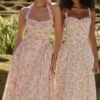 Adabella Midi-Sommerkleid aus Baumwolle mit Neckholder und rosa Wiesenblumen-Print