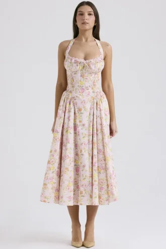Adabella Midi-Sommerkleid aus Baumwolle mit Neckholder und rosa Wiesenblumen-Print