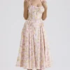 Adabella Midi-Sommerkleid aus Baumwolle mit Neckholder und rosa Wiesenblumen-Print