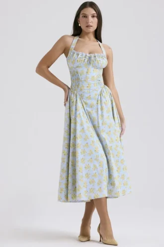 Adabella Midi-Sommerkleid aus Baumwolle mit Vintage-Blumenprint in zartem Blau