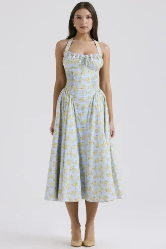 Adabella Midi-Sommerkleid aus Baumwolle mit Vintage-Blumenprint in zartem Blau