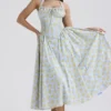 Adabella Midi-Sommerkleid aus Baumwolle mit Vintage-Blumenprint in zartem Blau