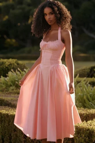 Adabella Rose Pink Baumwoll-Halter-Midi-Sommerkleid