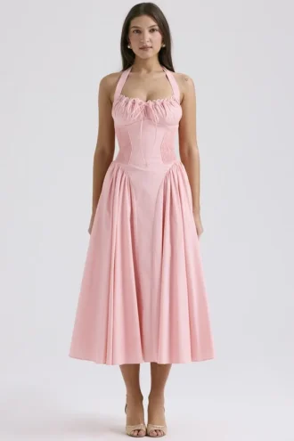 Adabella Rose Pink Baumwoll-Halter-Midi-Sommerkleid