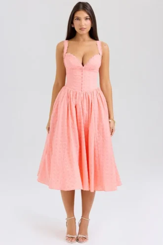 Adalyn Pfirsichfarbenes Midi-Sommerkleid mit Broderie Anglaise