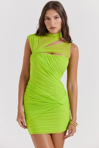 Adrie Neon-Grünes gerafftes Minikleid