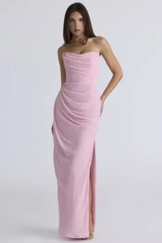 Adrienne Pink Quartz Georgette-Trägerloses Abendkleid