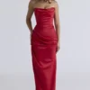 Adrienne – scharlachrotes, trägerloses Satinkleid