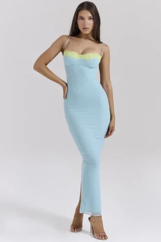 Aiza Maxikleid in Ozeanblau mit kontrastierender Spitze