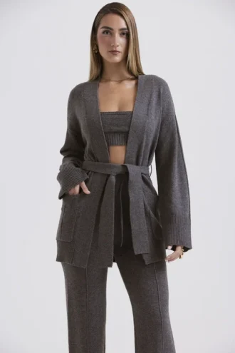 Alaia Strickjacke aus Kaschmirmischung in Anthrazit mit Gürtel