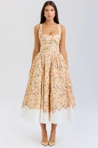 Alba Midi-Kleid aus Baumwolle mit gerafftem Rock und Honeyflower-Print