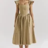 Alessandra Midi-Kleid aus goldenem Jacquard mit abnehmbarem Schleifen