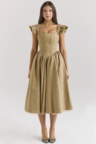 Alessandra Midi-Kleid aus goldenem Jacquard mit abnehmbarem Schleifen Alessandra Midi-Kleid aus goldenem Jacquard mit abnehmbarem Schleifen