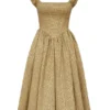 Alessandra Midi-Kleid aus goldenem Jacquard mit abnehmbarem Schleifen