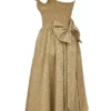 Alessandra Midi-Kleid aus goldenem Jacquard mit abnehmbarem Schleifen