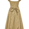 Alessandra Midi-Kleid aus goldenem Jacquard mit abnehmbarem Schleifen
