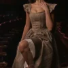 Alessandra Midi-Kleid aus goldenem Jacquard mit abnehmbarem Schleifen