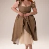 Alessandra Midi-Kleid aus goldenem Jacquard mit abnehmbarem Schleifen