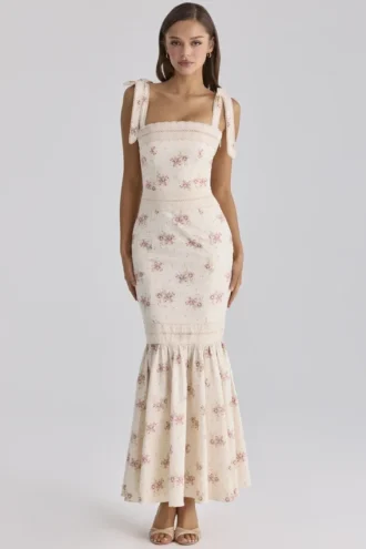 Alessina Elfenbeinfarbenes Vintage-Rosen-Print-Maxikleid aus Baumwolle mit Spitze