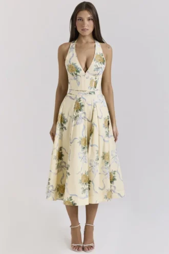Allena Lemon Ribbon Stretch-Baumwoll-Halter-Midi-Sommerkleid