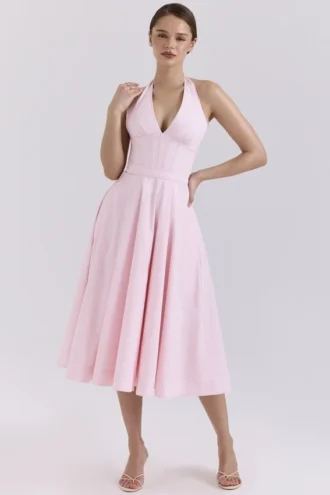 Allena Rosa Stretch-Baumwoll-Halter-Midi-Sommerkleid
