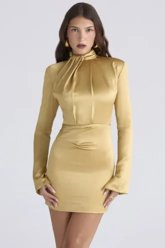 Amala Gold Langarm-Satin-Minikleid