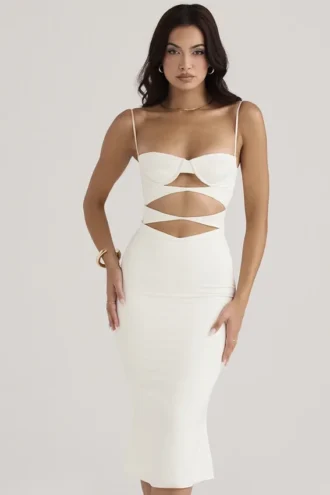 Amalia Elfenbeinfarbenes Satin-Korsetts-Kleid mit Cut-outs