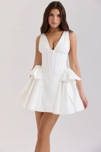 Amalia Weißes Minikleid aus Stretch-Baumwolle mit Schleifen