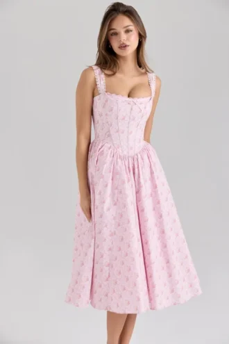 Amara Midi-Korsetts-Kleid aus Stretch-Baumwolle mit rosa Rosenprint