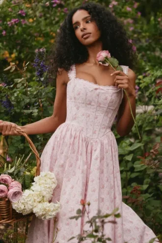 Amara Midi-Korsetts-Kleid aus Stretch-Baumwolle mit rosa Rosenprint