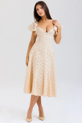 Amaya Midi-Kleid in Creme-Tea mit Broderie Anglais