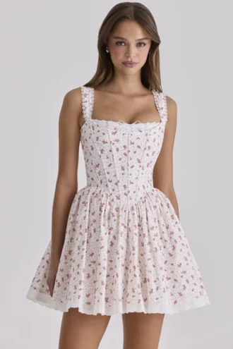 Ami – Weißes Minikleid aus Baumwolle mit Rosenprint als Korsett
