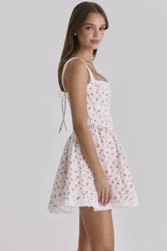 Ami – Weißes Minikleid aus Baumwolle mit Rosenprint als Korsett