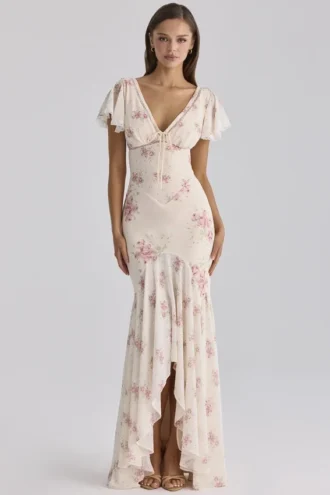 Amina Elfenbeinfarbenes Maxikleid aus Georgette mit Vintage-Rosenprint