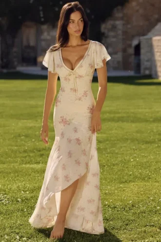 Amina Elfenbeinfarbenes Maxikleid aus Georgette mit Vintage-Rosenprint