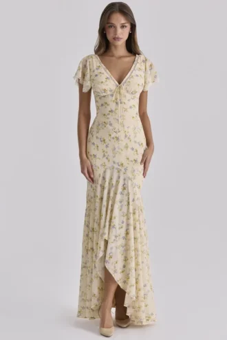 Amina – Maxikleid aus Georgette mit Zitronen-Blumenmuster