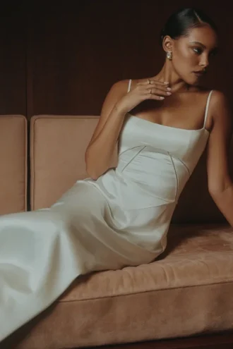 Anabella – Elfenbeinfarbenes Maxikleid aus Satin mit Schnürung