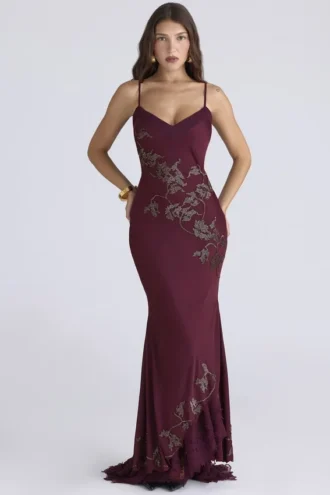 Anastelle Plum – Handbesticktes, mit Perlen verziertes Satin-Maxi-Abendkleid – Limited Edition