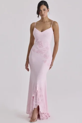 Anastelle – Rosa, handbesticktes Satin-Maxikleid