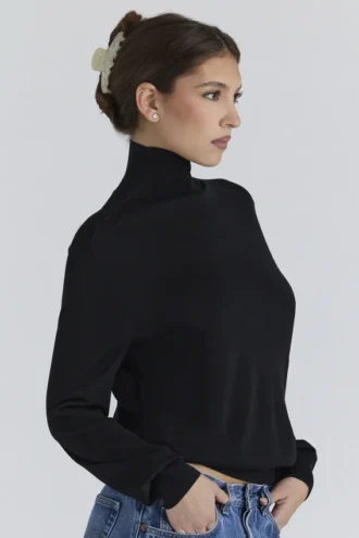 Angel Schwarzer Rollkragen-Pullover aus Seide und Wolle