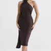 Angelina Midi-Kleid mit Wickelhalsausschnitt in Schokoladenbraun Angelina Midi-Kleid mit Wickelhalsausschnitt in Schokoladenbraun