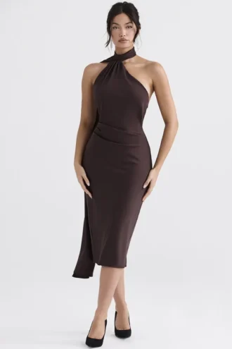 Angelina Midi-Kleid mit Wickelhalsausschnitt in Schokoladenbraun