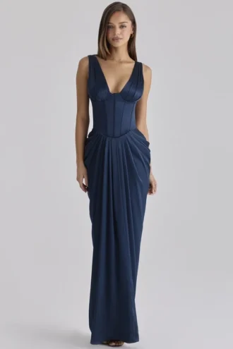 Angeline Navy Satin-Korsetts-Maxikleid