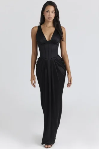 Angeline Schwarzes Satin-Maxikleid in Sanduhrform – Limited Edition