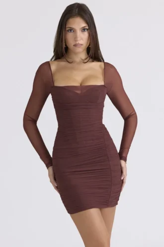 Anouk Mocha Mesh Langarm-Minikleid