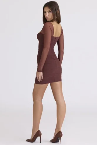 Anouk Mocha Mesh Langarm-Minikleid