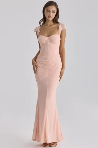Antonella Pfirsichfarbenes Maxikleid mit Mesh-Silhouette